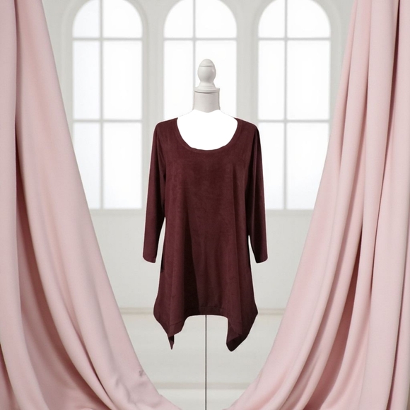 Chelsea & Theodore Brown Long Sleeve Pullover Top FAUX SUEDE SHARK BITE HEM NWT - Picture 1 of 11
